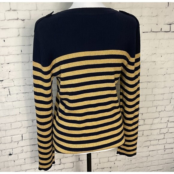 Ralph Lauren Jeans Company Womens Sweater Navy Gold Striped V Neck Size L U1 - Picture 6 of 12